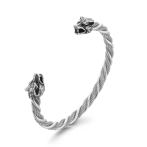 Bracelet jonc ouvert tête de loup en acier inoxydable tressé pour hommes