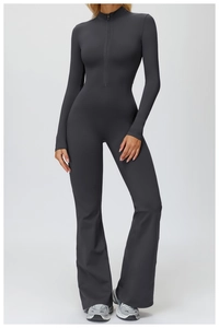 Close-up of dark grey thermal catsuit featuring invisible front zipper and stand collar