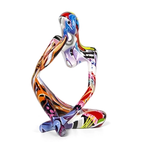 Abstract thinker sculpture with colorful street graffiti pattern on a white background