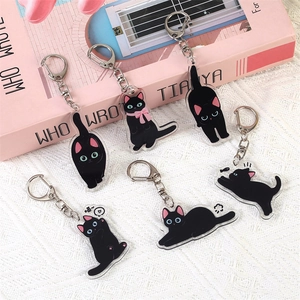 Cute black cat acrylic keychain charms in six poses for bags and school backpacks