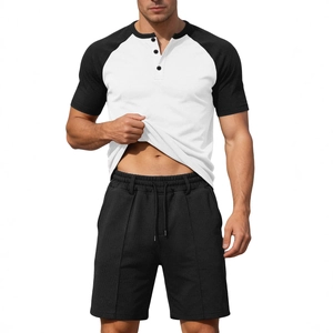 Men's summer casual waffle knit set with V-neck color block T-shirt and black shorts