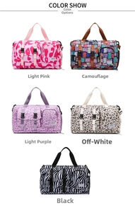 Detailed collection of gym bags in leopard, camo, and zebra prints with functional pockets