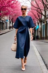 Close-up of a navy blue dress featuring a waist-tie design and elegant wide sleeves