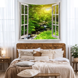 Detail of 3D window forest stream tapestry hanging on a bohemian bedroom wall decor