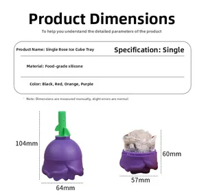 Size chart showing food grade silicone rose ice mold dimensions 104x64mm in detail