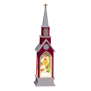 Red Christmas church lantern with glowing snowman scene and glitter snow globe effect