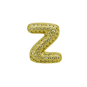 Detailed close-up of golden letter Z charm with pave set white sparkling zircon crystals