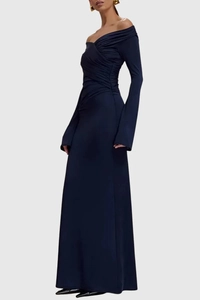 Detail view of navy off-shoulder dress showing the slim fit silhouette and draped fabric texture