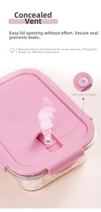 Detail view of pink rectangular glass lunch box lid featuring hidden air vent valve