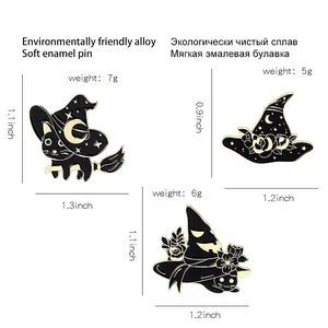 Detailed size chart for Halloween black cat and witch hat enamel pins with dimensions
