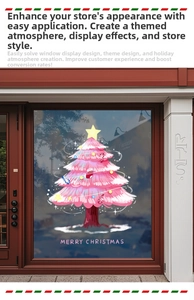 Detail of pink hand-drawn Christmas tree window sticker on a glass door with starry accents