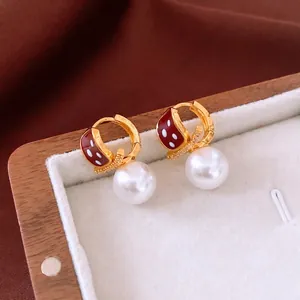 Elegant gold plated square hoop earrings with red polka dot enamel and white pearls