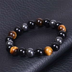 Bracelet élastique en obsidienne noire et œil de tigre de 10mm pour hommes et femmes