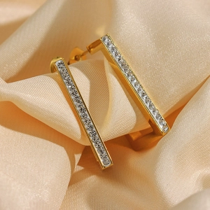 18K gold plated rectangular earrings with double row diamonds on champagne silk