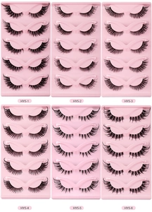 Close-up of 6 styles of thick curly false eyelashes with clear bands in 5-pair packs