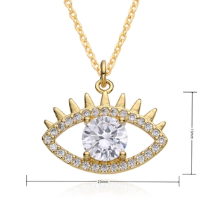 Detail view of 23mm x 15mm gold Evil Eye pendant with micro-pave cubic zirconia stones