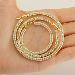 Fashion Hoop Earrings 18K Gold Plated Stainless Steel With Zircon Rhinestone Pave Round Geometric Jewelry For Women