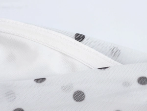 Detail aus weißem Mesh-Stoff mit Polka Dots und Fokus auf hochwertiger Saumverarbeitung