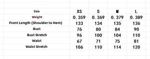 Tableau des tailles pour robe longue en mousseline avec mesures buste et taille