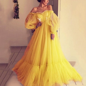 Off-Shoulder Mesh Partykleid Puffärmel Blumenapplikation Hohe Taille Lagen Eleganter Abendkleid Damen