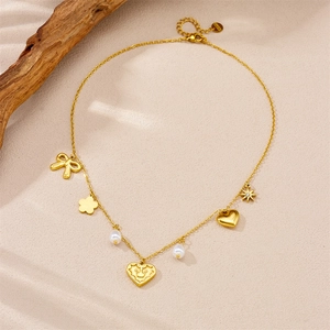 Golden stainless steel chain necklace with heart, crown, butterfly and pearl charms