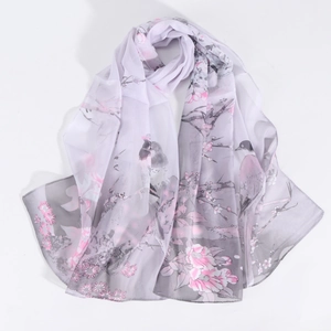 Elegant chiffon long scarf with Chinese ink flower and bird print in soft purple and pink