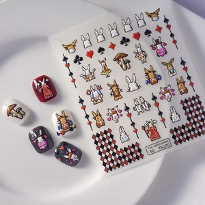 5D embossed rabbit poker nail stickers detail with fairy tale patterns and nail tips