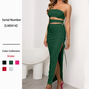 Sexy Strapless Tube Top And Ruched High Slit Maxi Skirt Outfits Backless Cut Out Party Clubwear For Women