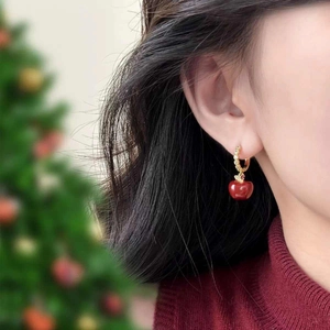 18k gold plated red apple earrings with zircons worn by model for Christmas gifts