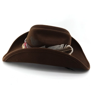 Detailed view of the dark brown felt cowboy hat with feather and ethnic patterned ribbon