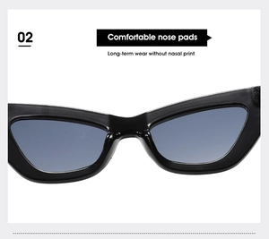 Detail view of comfortable integrated nose pads on black cat-eye sunglasses frames