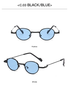Detail view of oval retro sunglasses with thin black metal frame and blue lenses