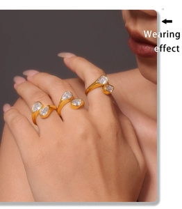 Wearing effect of adjustable 18k gold plated titanium rings with pear cut cubic zirconia