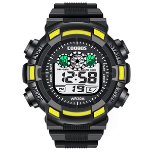 Waterproof digital sport watch in black and yellow with luminous multi-function dial