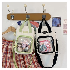 Hanging canvas Ita bags with transparent PVC window in green and black colors