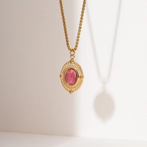 18K gold plated stainless steel necklace with pink rhodochrosite oval stone pendant