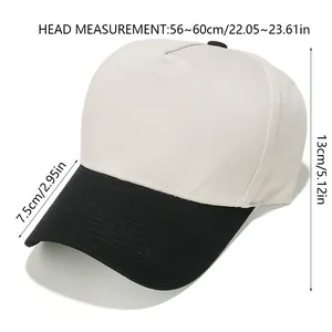 Detailed size chart for five-panel color-block baseball cap with brim and crown measurements