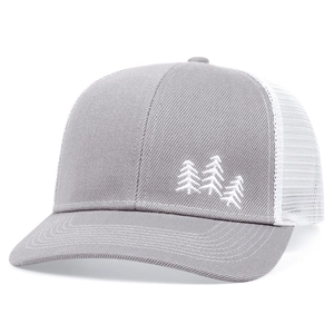 Outdoor mountain pine embroidery mesh trucker hat in dark grey and white