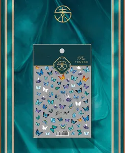 Detailed view of TS-122 butterfly 5D nail art stickers on elegant deep green packaging