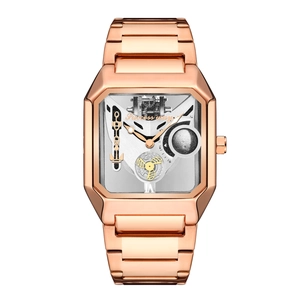 Success Way square rose gold skeleton mechanical watch with luminous metal link strap