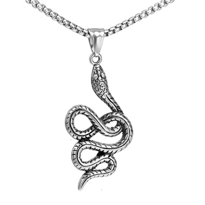 Silver cobra snake pendant necklace with detailed scales on a square box chain link