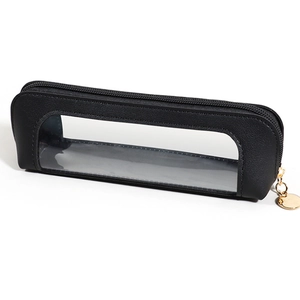Detail of high-capacity black PU leather pencil case with transparent window and gold zipper