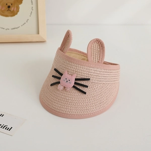 Visière de soleil en paille rose pour enfants avec oreilles de chat et texture tissée