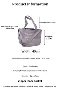 Canvas tote bag dimensions 45x32cm with adjustable 120cm strap and inner pocket