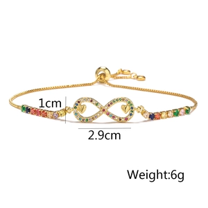 Detail view of 18K gold plated infinity bracelet with rainbow zircons and dimensions