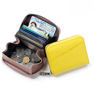 Detail of RFID protected leather coin purse with accordion card slots and zipper closure