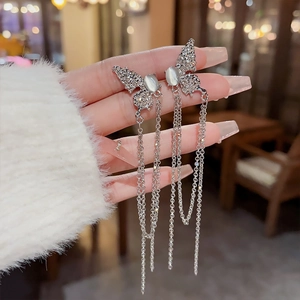 Silver butterfly earrings with cat-eye stone and long tassel chains for women