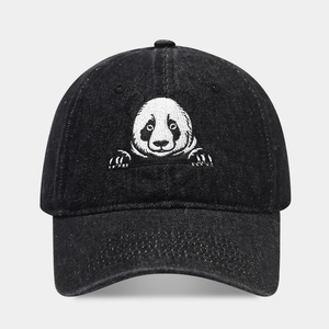 Denim baseball cap in black wash with minimalist panda embroidery and curved brim