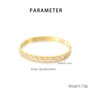 Detailed view of gold plated stainless steel bangle with square zircon and dimensions