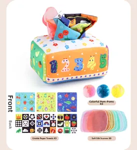 Detail of baby tissue box toy set with plush sensory box, crinkle papers and colorful scarves